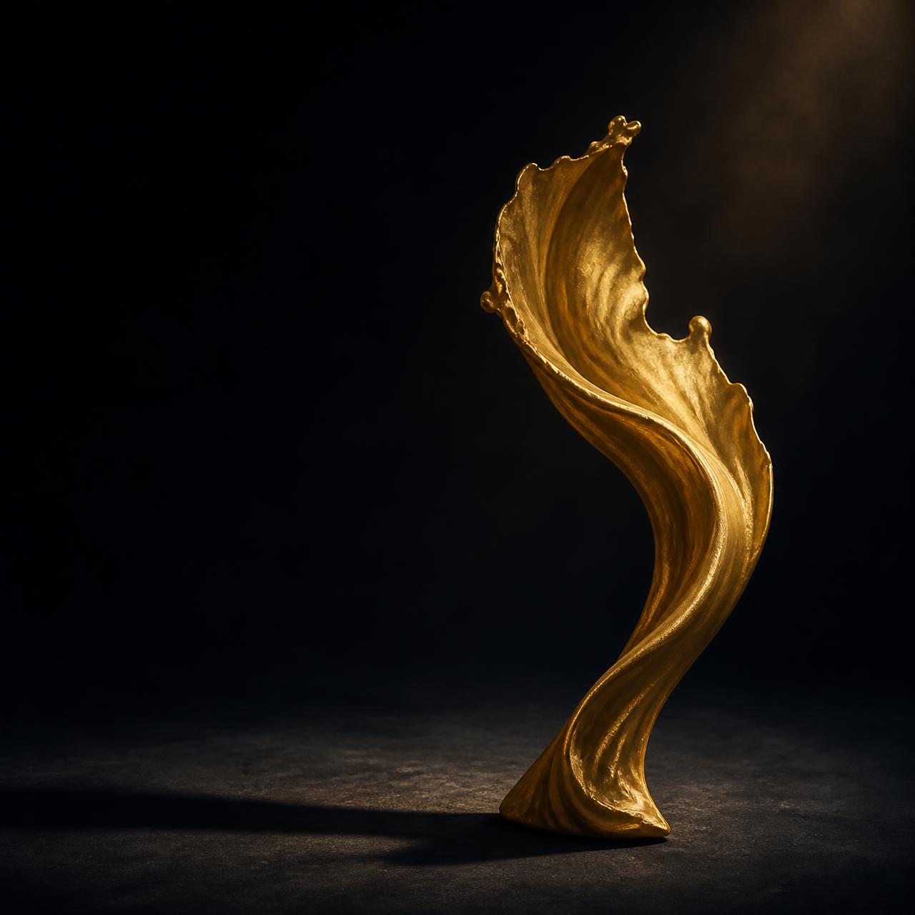 Sculptural gold form rising against an obsidian stage — Eliorexa design commission
